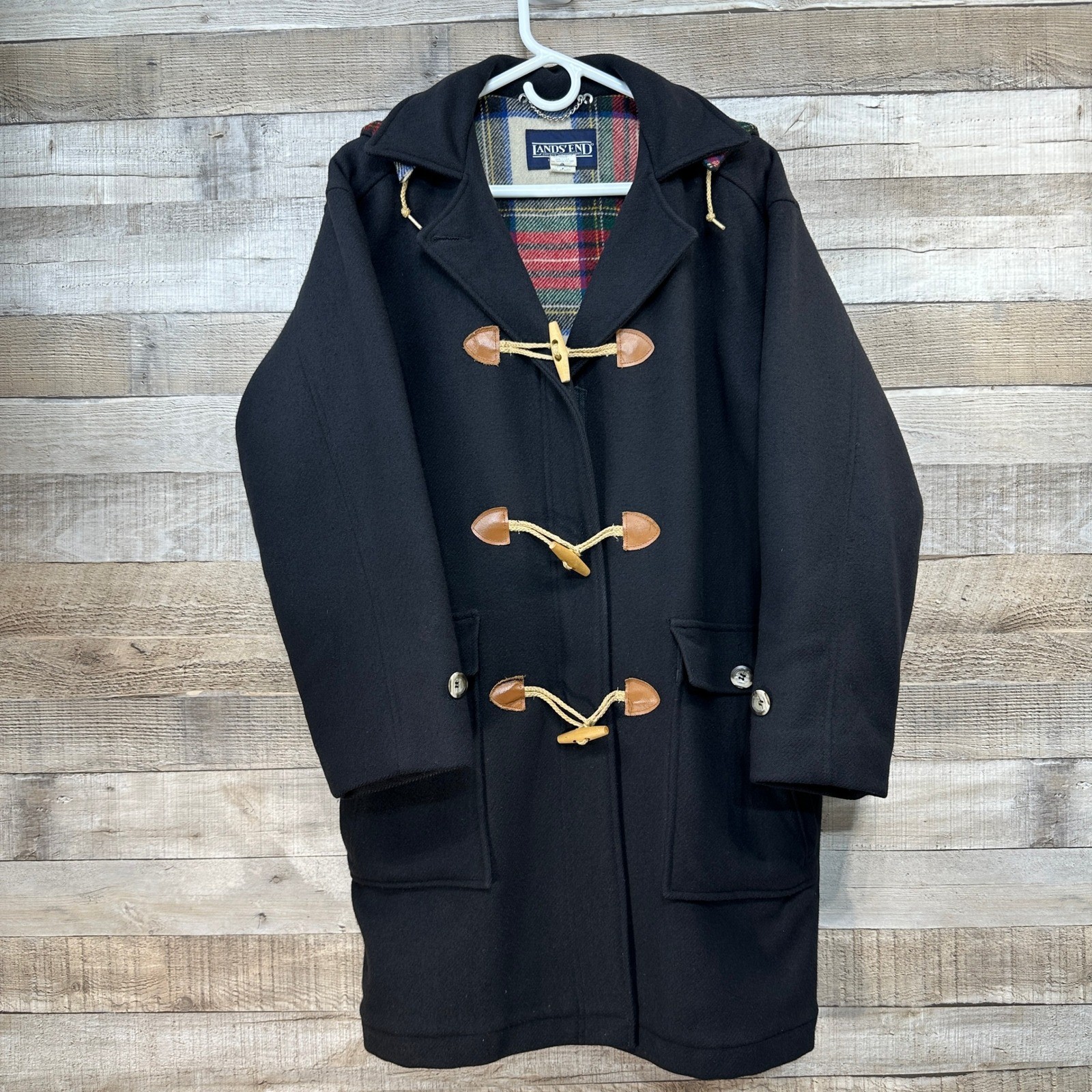 Lands End Womens Black Wool Duffle Coat Plaid Lined Hooded Toggle Button