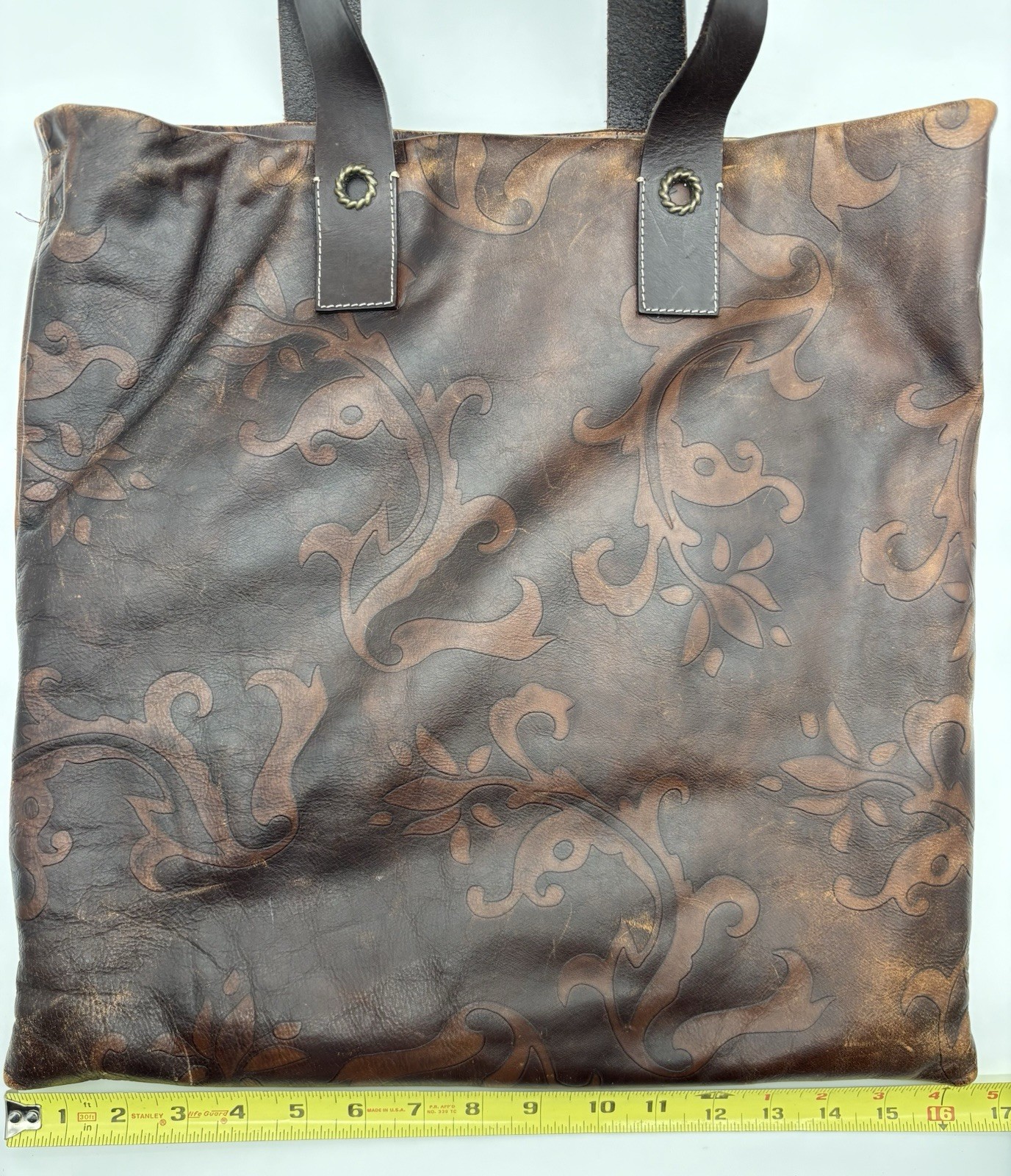 FALOR Italy Tote Bag, Tan Brown Leather Embossed Paisley Large Bag, 16″ x 16″