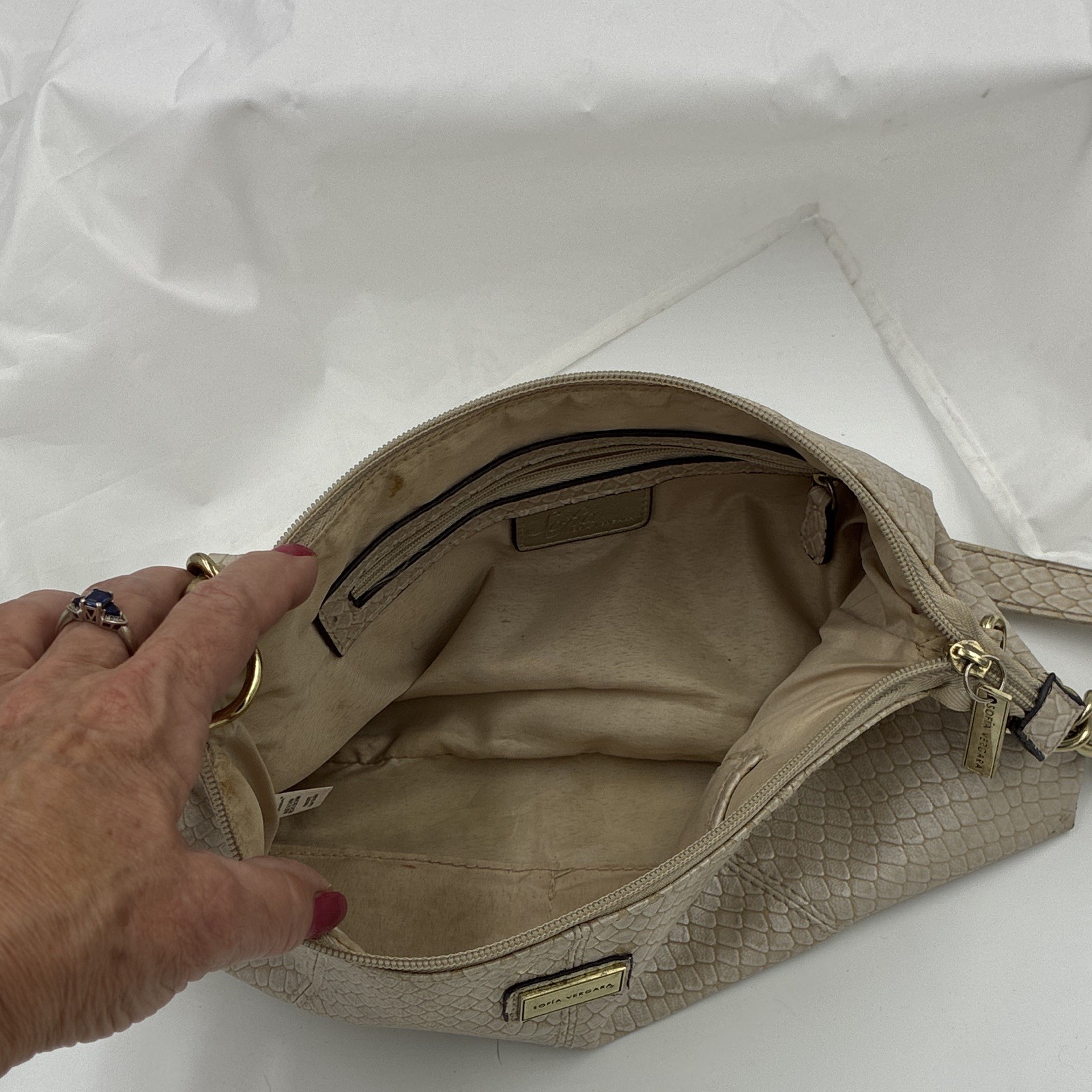 Sofia Vergara Women’s Beige Snake Print Small Shoulder Bag, Gold Chain, Zip