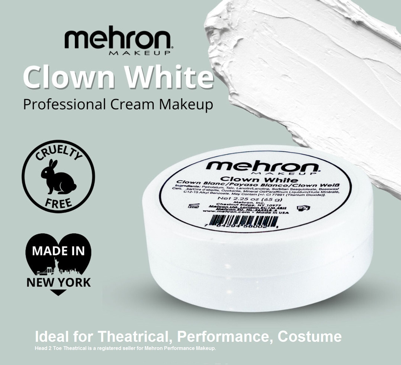 2.25 oz Clown White theatrical circus face paint mime Mehron TV makeup stage pro