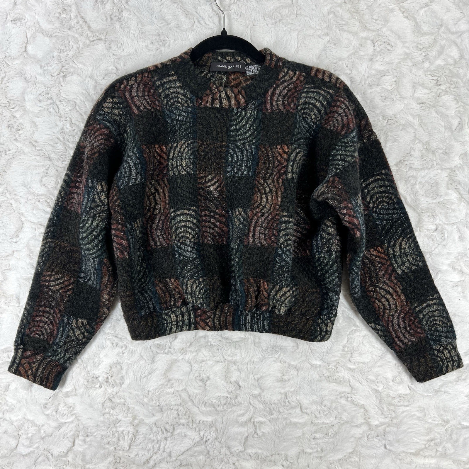 VTG Jhane Barnes Wool Sweatr Womens S Crop Elastic Waist Geometric Texturd Swirl