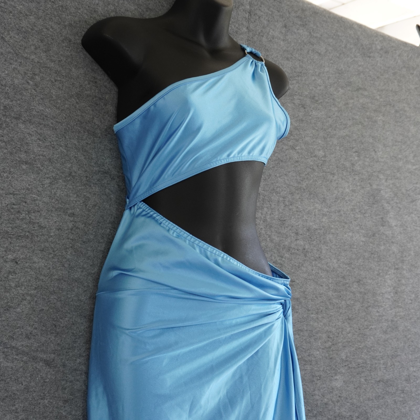 PrettyLittleThing Blue Satin Cut Out Maxi Dress US 2 UK 6 One Shoulder High Slit