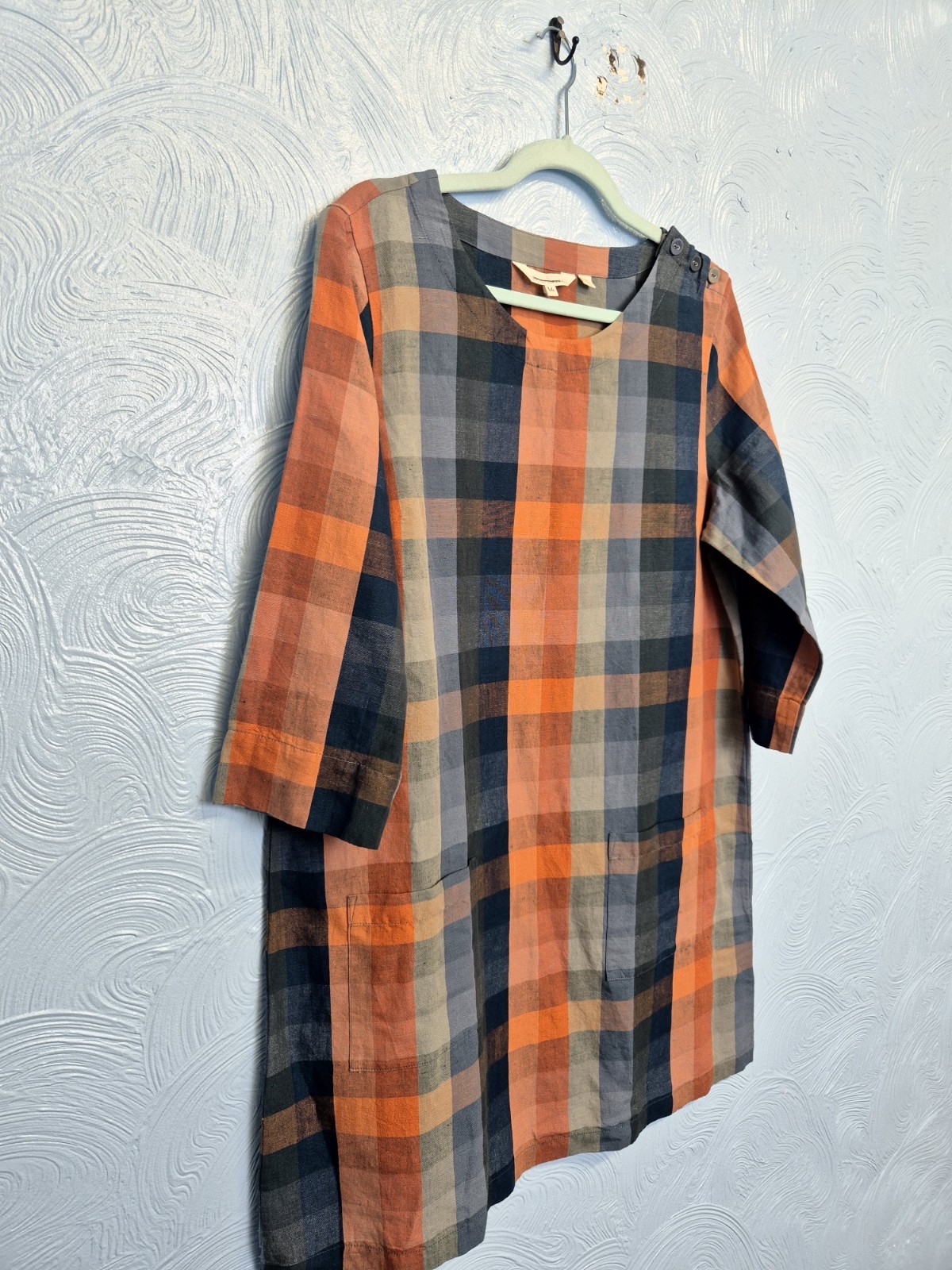 Seasalt Tunic Size 14 Check Pattern Linen Blend Glowing Skies Dress Orange Navy
