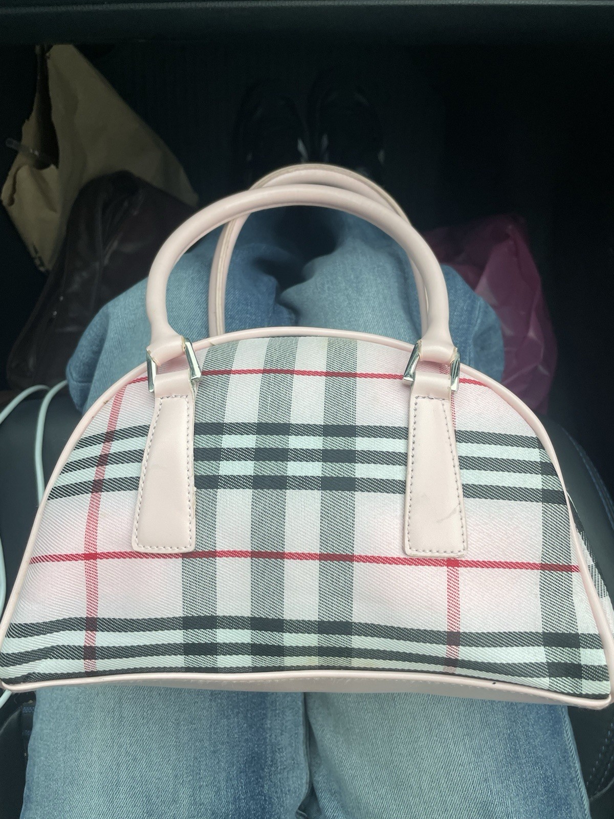 Burberry Plaid Check Top Handle Zip Handbag Purse Pink Beige Black Red