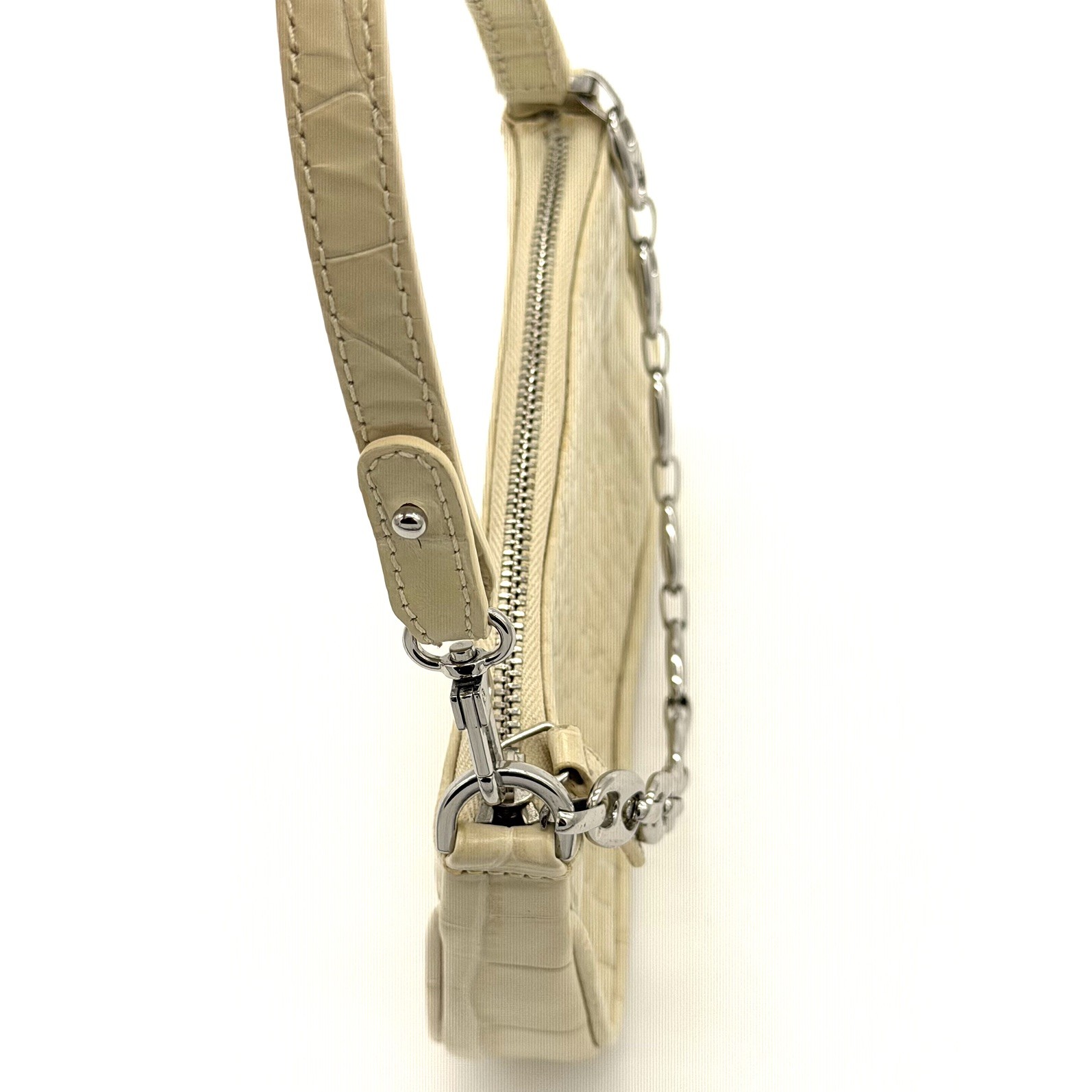 by FAR Mini Rachel Shoulder Bag Cream Crocodile Embossed Leather Chain Strap