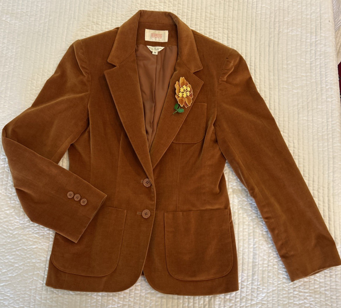 Vintage 80’s Velour Womens Jacket Size 7/8 Floral Broach Tailored Japan