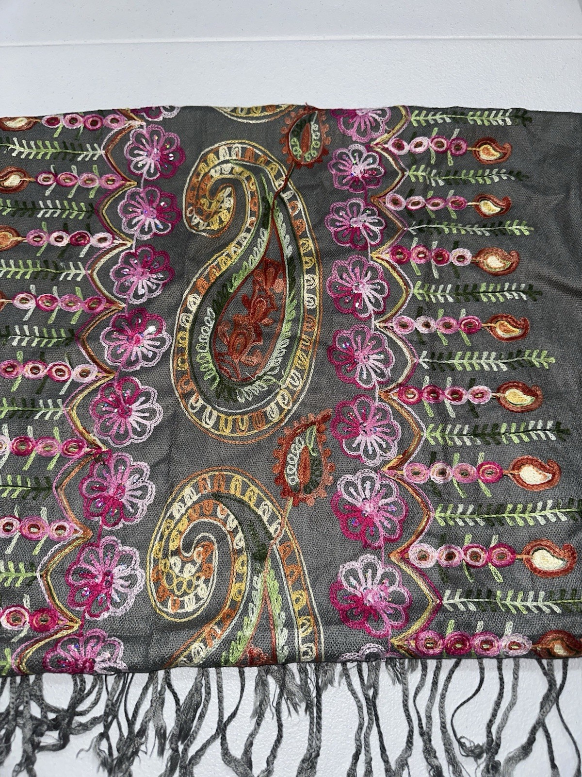 Cashmere Scarf Embroidered Wrap Shawl Paisley Floral Gray 68X26
