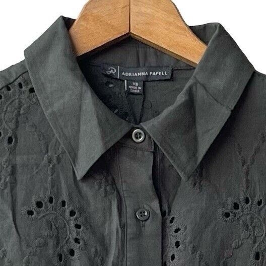 ADRIANNA PAPELL Eyelet Button-Up Shirt Dusty Olive Lace Scalloped Hem Womens XS