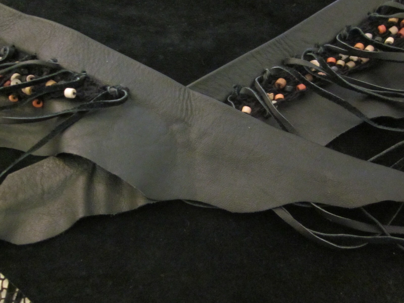  Hand Made Beaded Mesh and Leather Fringe 56″ Hip/ Shoulder Scarf