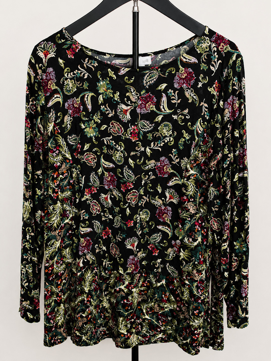 J.Jill Tunic Blouse XL Black Coral Paisley Button Down Soft Comfy Rayon Floral