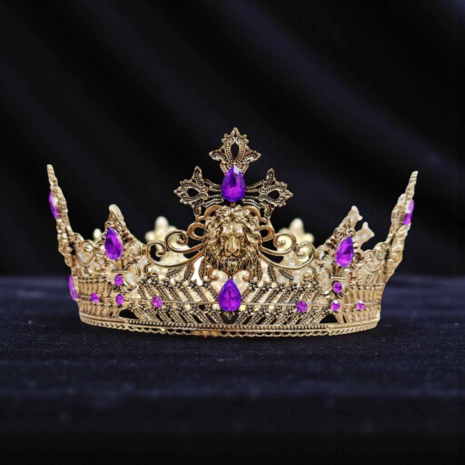 Vintage Lion King Crown, Purple Crystal Crown for Groom, Prom Crown, Gold Crown
