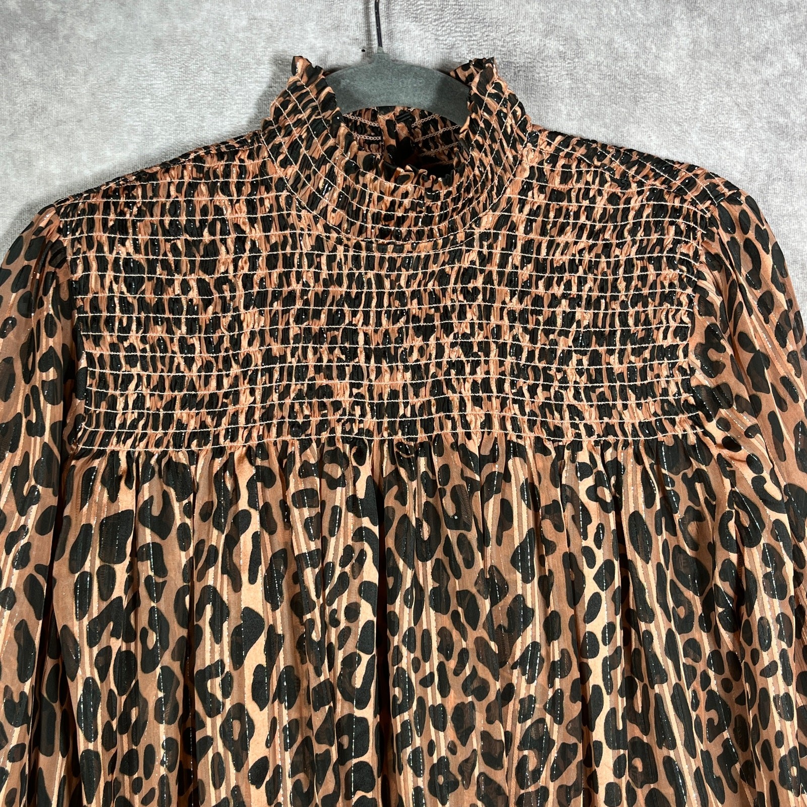 Scotch & Soda Blouse Womens XS Brown Black Leopard Long Sleeve Smocked Casual