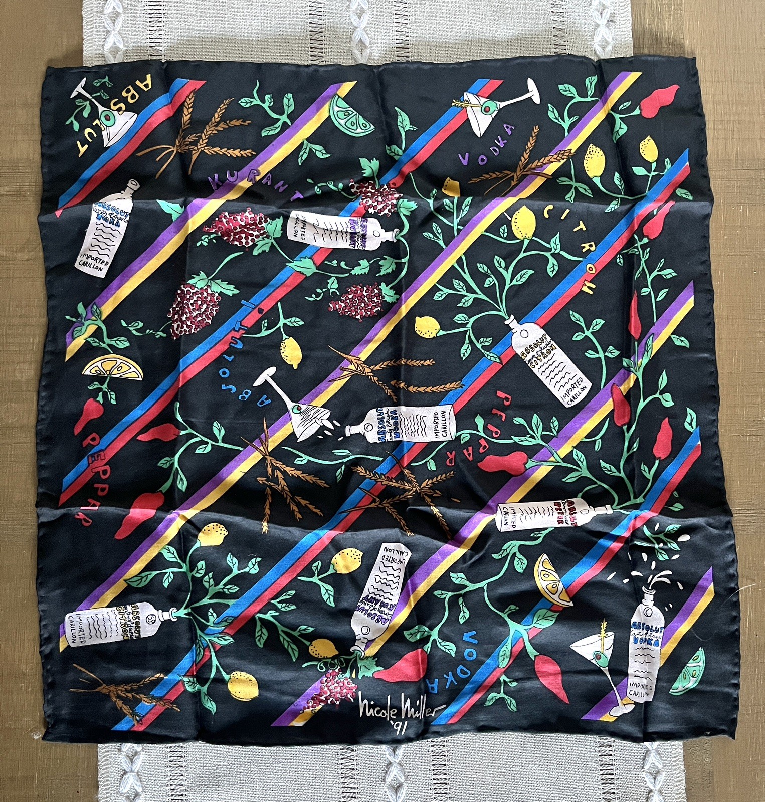 Vintage 1990s Nicole Miller x Absolut Vodka Martini Print Silk Scarf Y2K