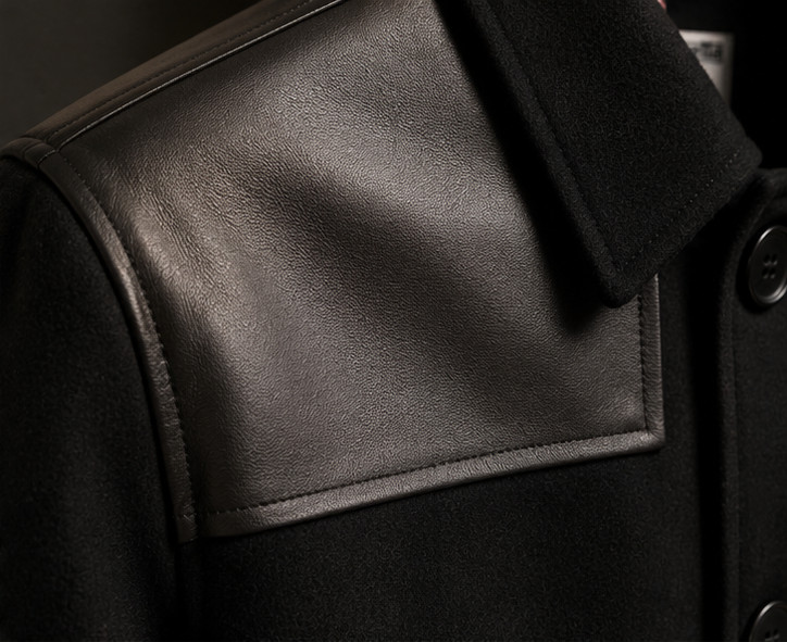 Donkey Jacket Men’s 100% Wool Genuine Black Leather Patches Winter Warm Coat