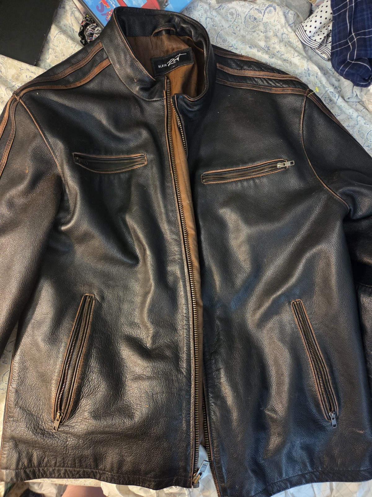 Black Rivet Men’s Genuine Leather Biker Jacket Full Zip Stand-Up Black 3X