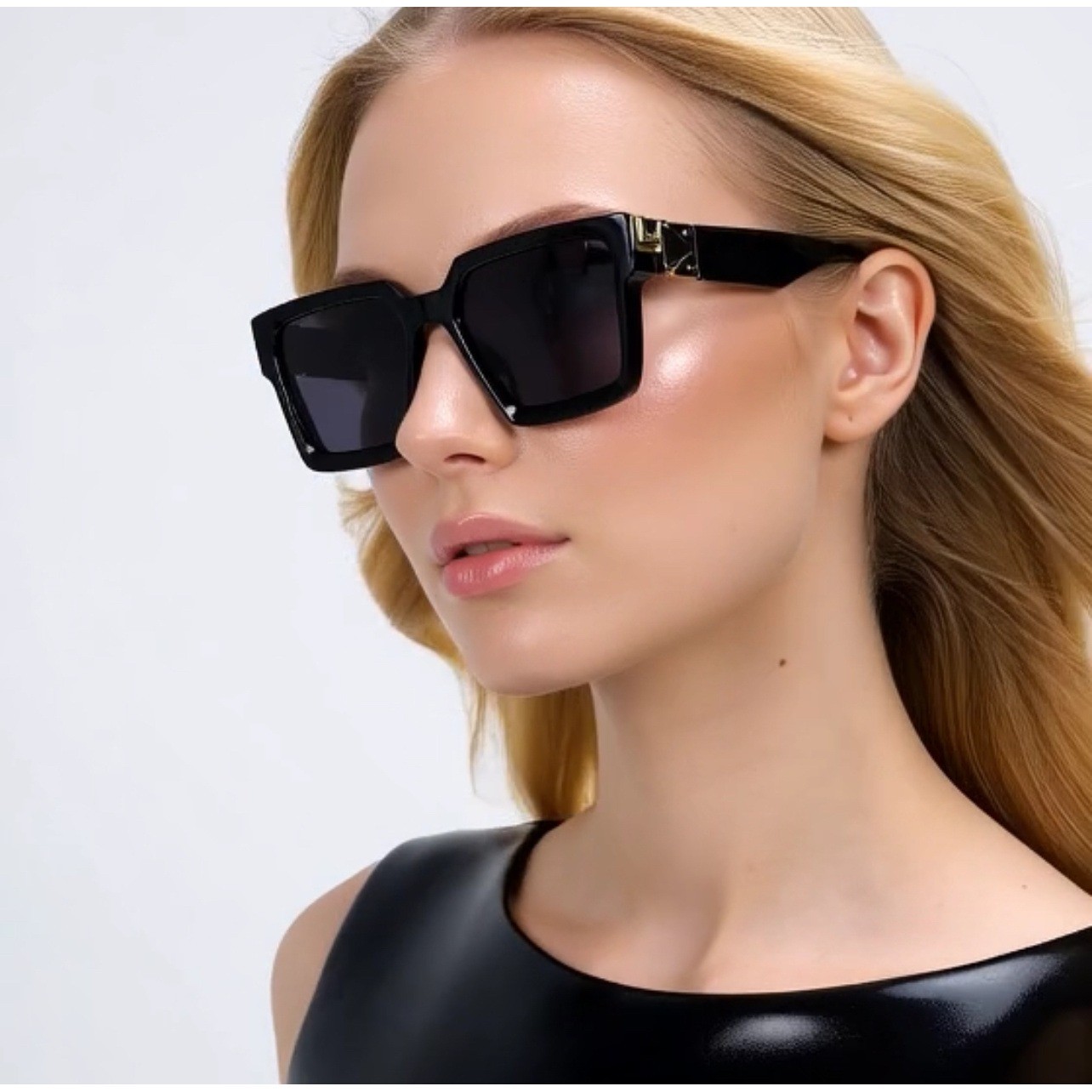 Women Luxury Black Square Large XL Sunglasses Gold Metal Bar Bold Fashionable