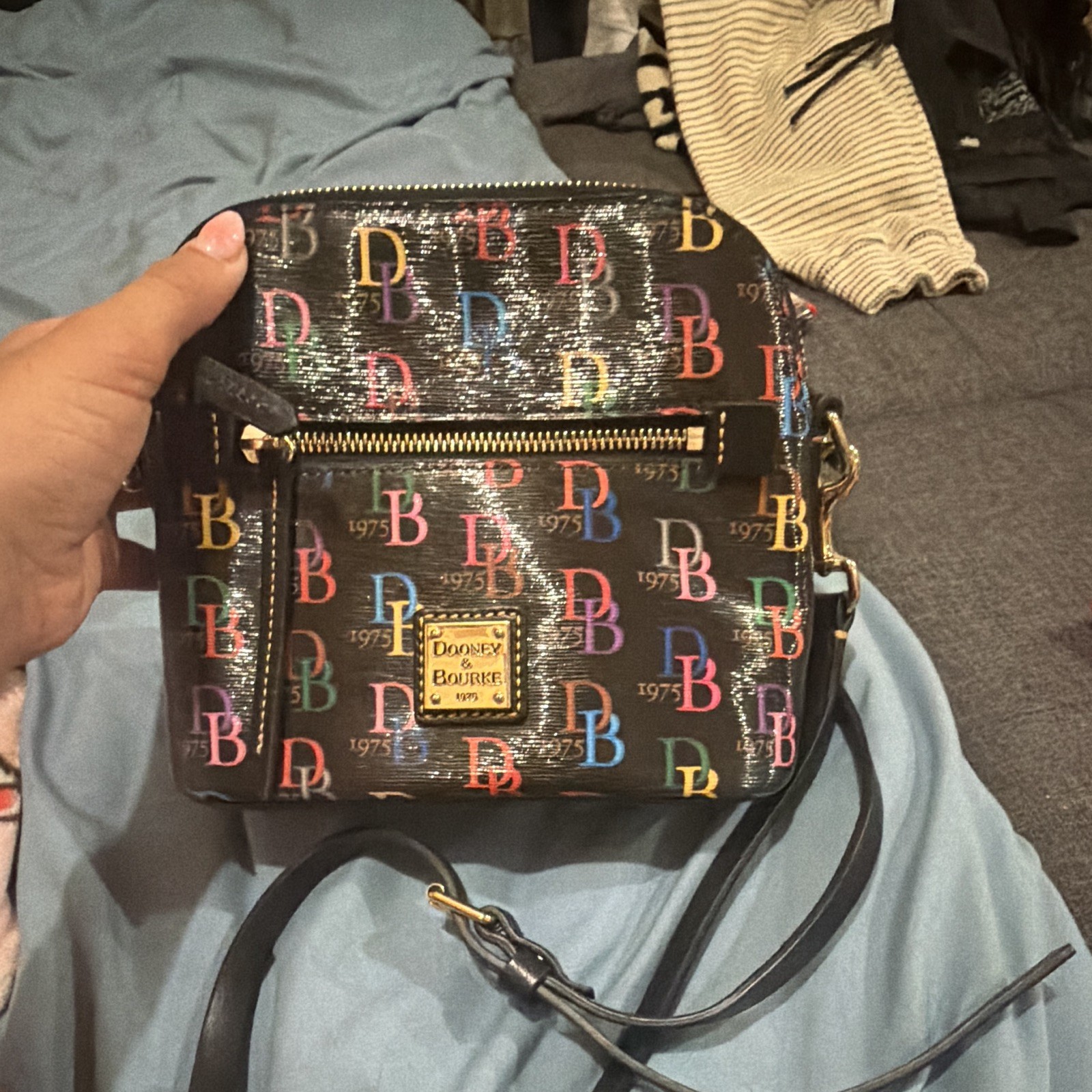 Dooney & Bourke Logo Print Crossbody Bag Black/Multicolor Small Zip, Gold