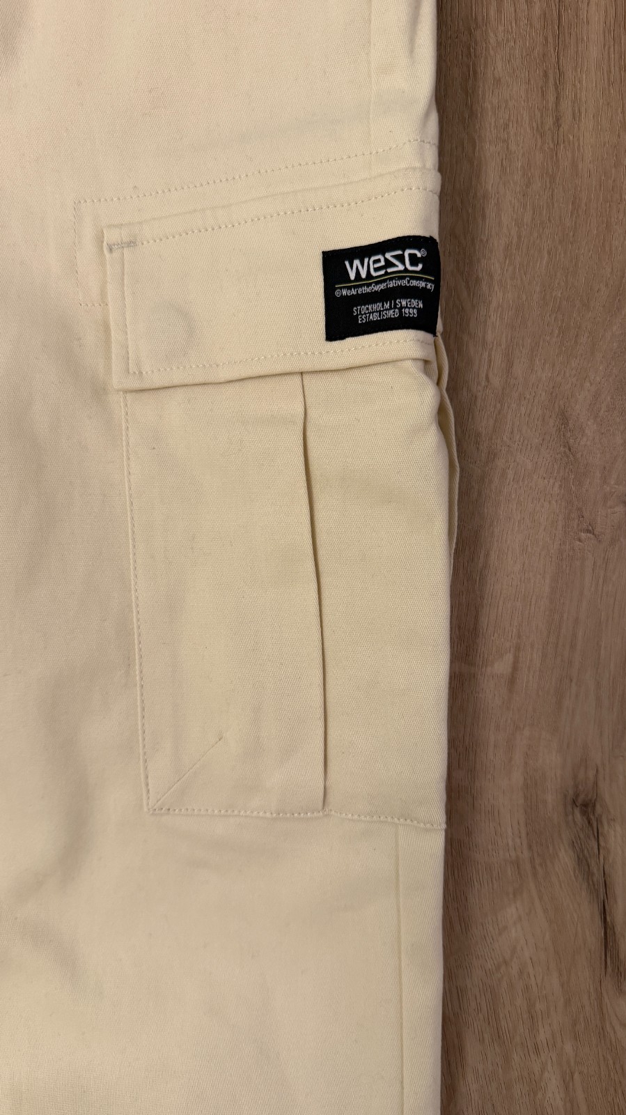 WeSC Open Bottom Cargo Pants Unisex Chino Style-Men L/Women XL-Pale Yellow-NWT