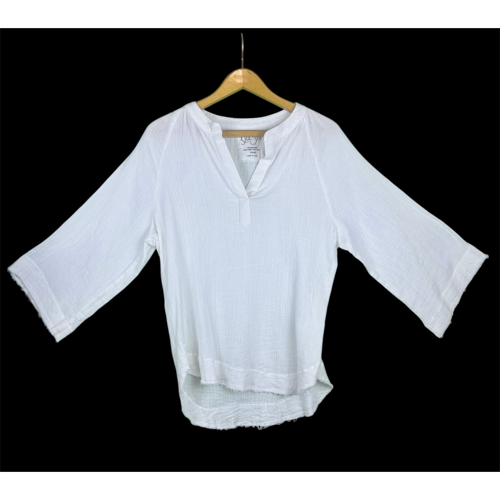 KYLA SEO Tunic S White 3 Qtr Sleeves Raw Hems Lagenlook Beachy India 100% Cotton