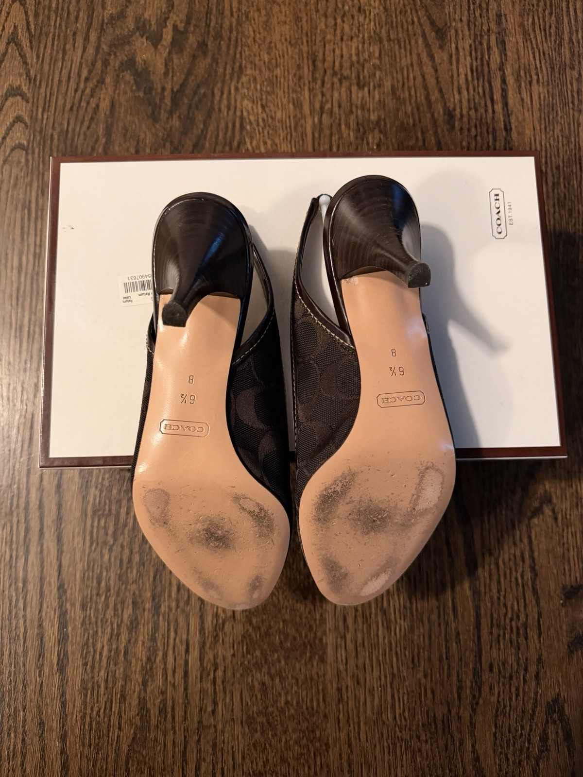 VTG Coach Brook Brown Logo Jacquard Turn Lock Peep Toe Slingback Heels Sz 6.5 B