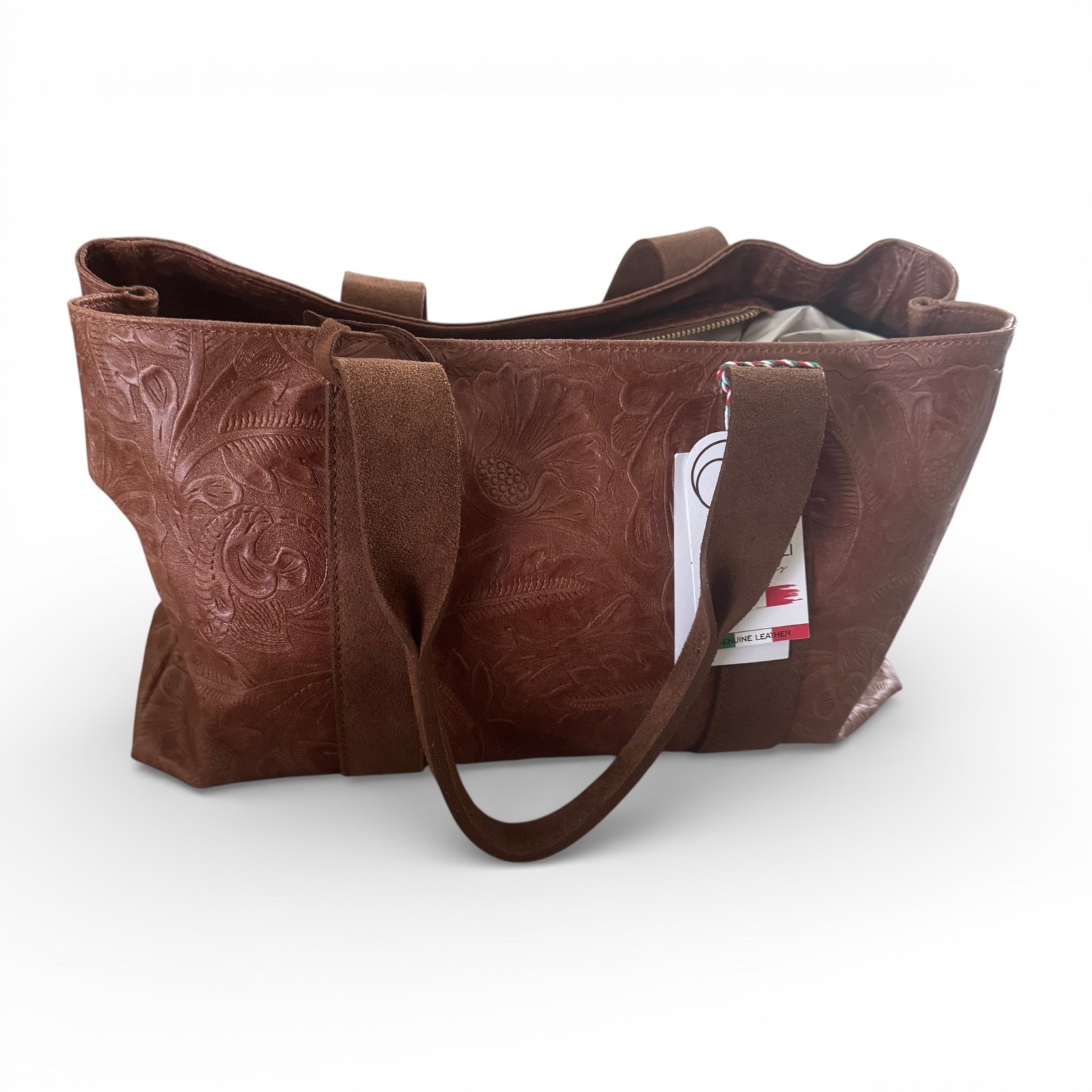 Viola Gigli Leather Tote Handbag Brown Cuoio Embossed Floral Made In Italy – NWT