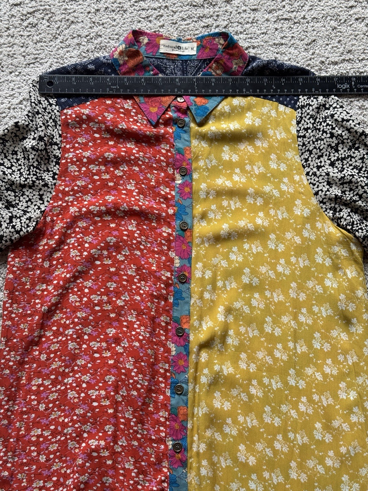 Natural Life Esme Patchwork Mixed Print Floral Maxi Shirt Dress Boho Artsy Sz M