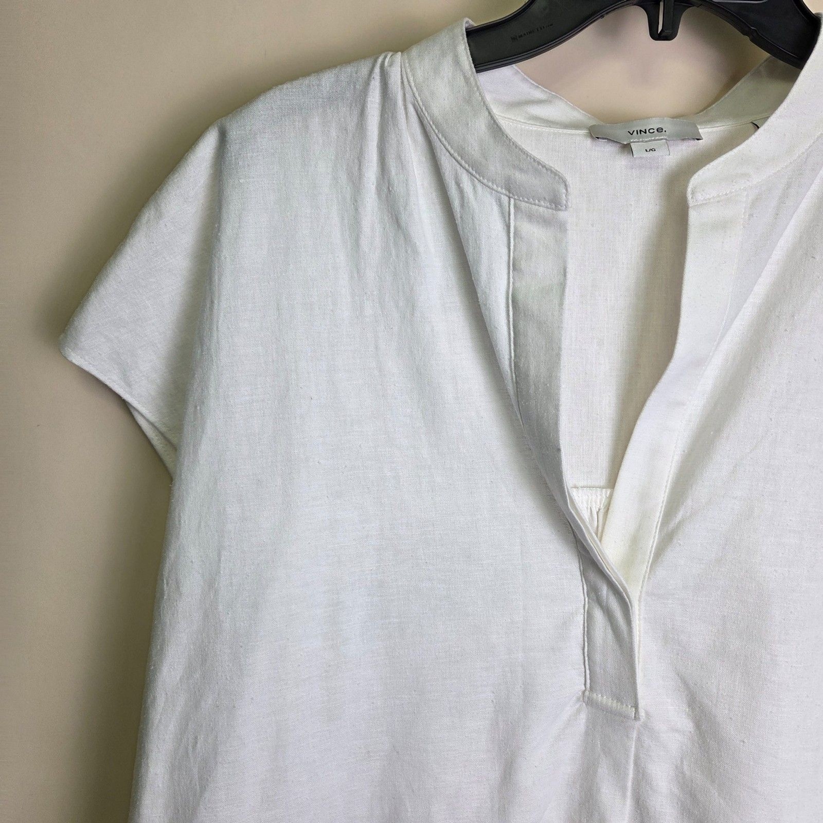Vince White Linen Blend Popover Blouse Cap Sleeve Split Neck Top Large