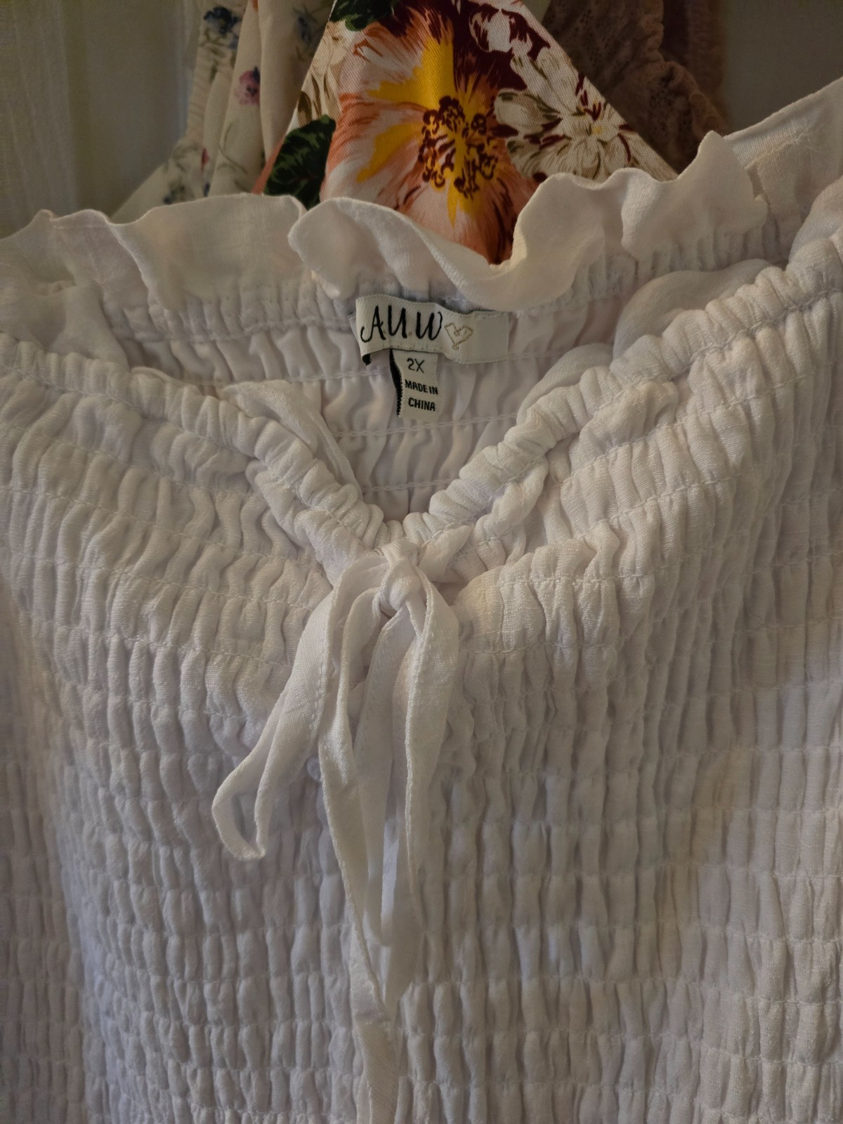 A.U.W. Dress Smocked Sweetheart Neckline Ties Womens Size 2X White Puffy Sleeves