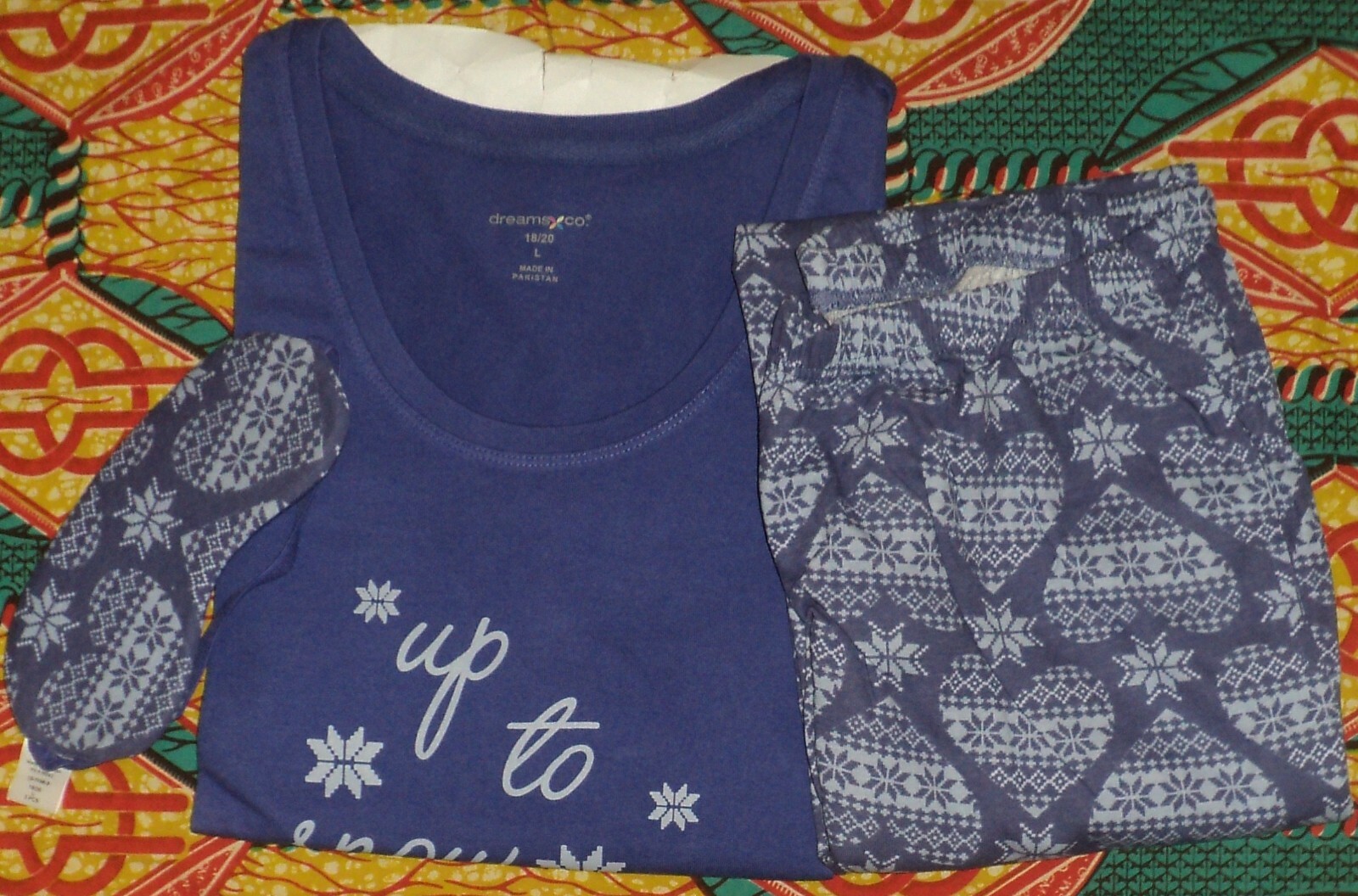 Dreams & Co. Plus Size Blue Sapphire Snow Pajama Set With/Eye Mask Size L-18/20