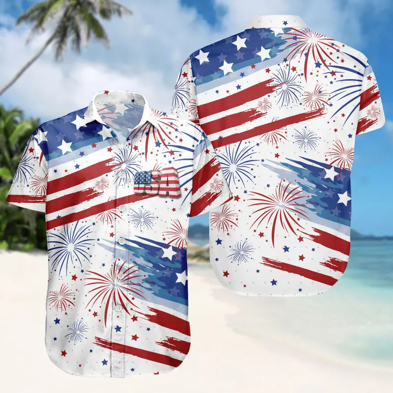USA Flag Hawaiian Shirt, 4th Of July Men Button Shirt