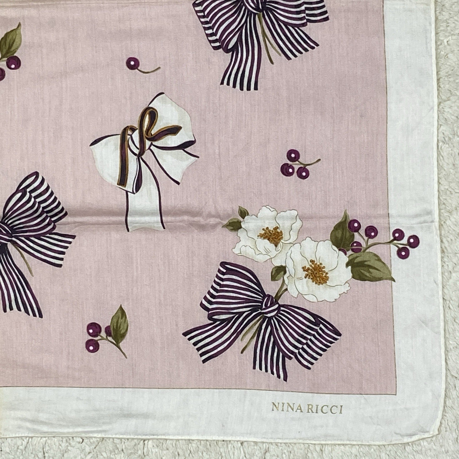 Nina Ricci Pocket Square Cotton Floral Bow Pink White 22”X22” Vintage