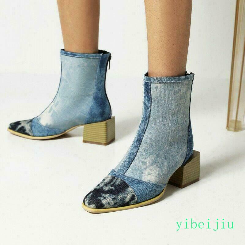 Splicing Leather Denim Women’s Ankle Boots Low Cuban Heel Shoes Casual Patchwork