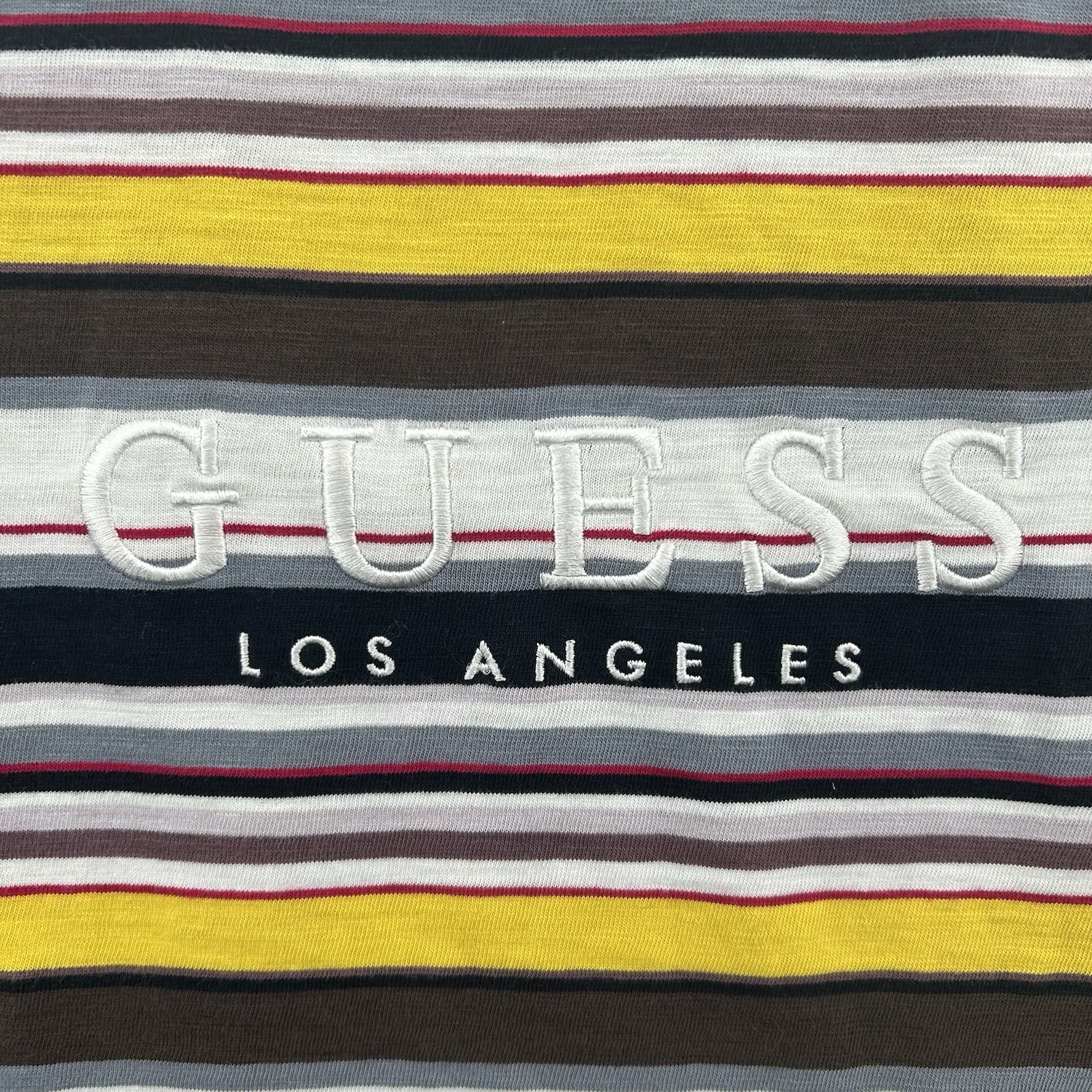 Guess Shirt Men Large Black Brown Yellow Red White Striped Rap Tee Originals USA
