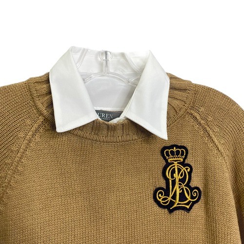 Lauren Ralph Lauren Layered Crest Sweater Camel Tan White Collar RLMWB-G L