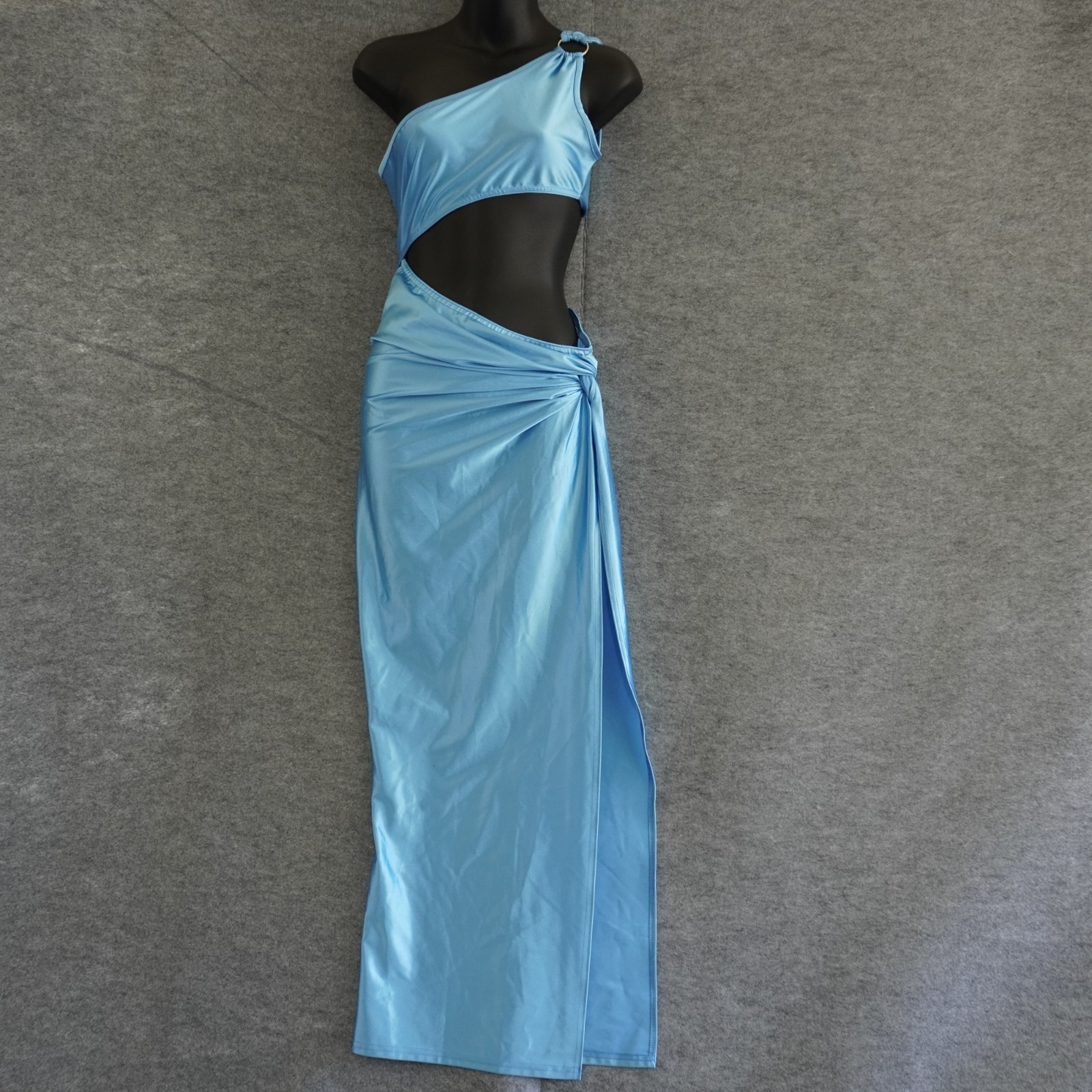 PrettyLittleThing Blue Satin Cut Out Maxi Dress US 2 UK 6 One Shoulder High Slit