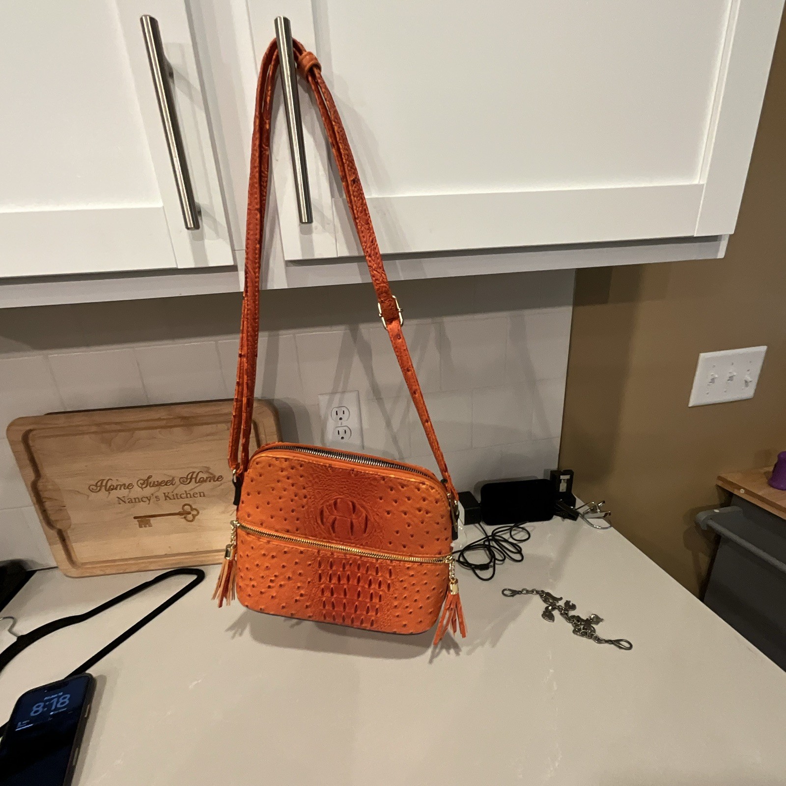 Orange Embossed Crossbody Bag Zip Closure Tassel Detach Adjustable Strap Gold