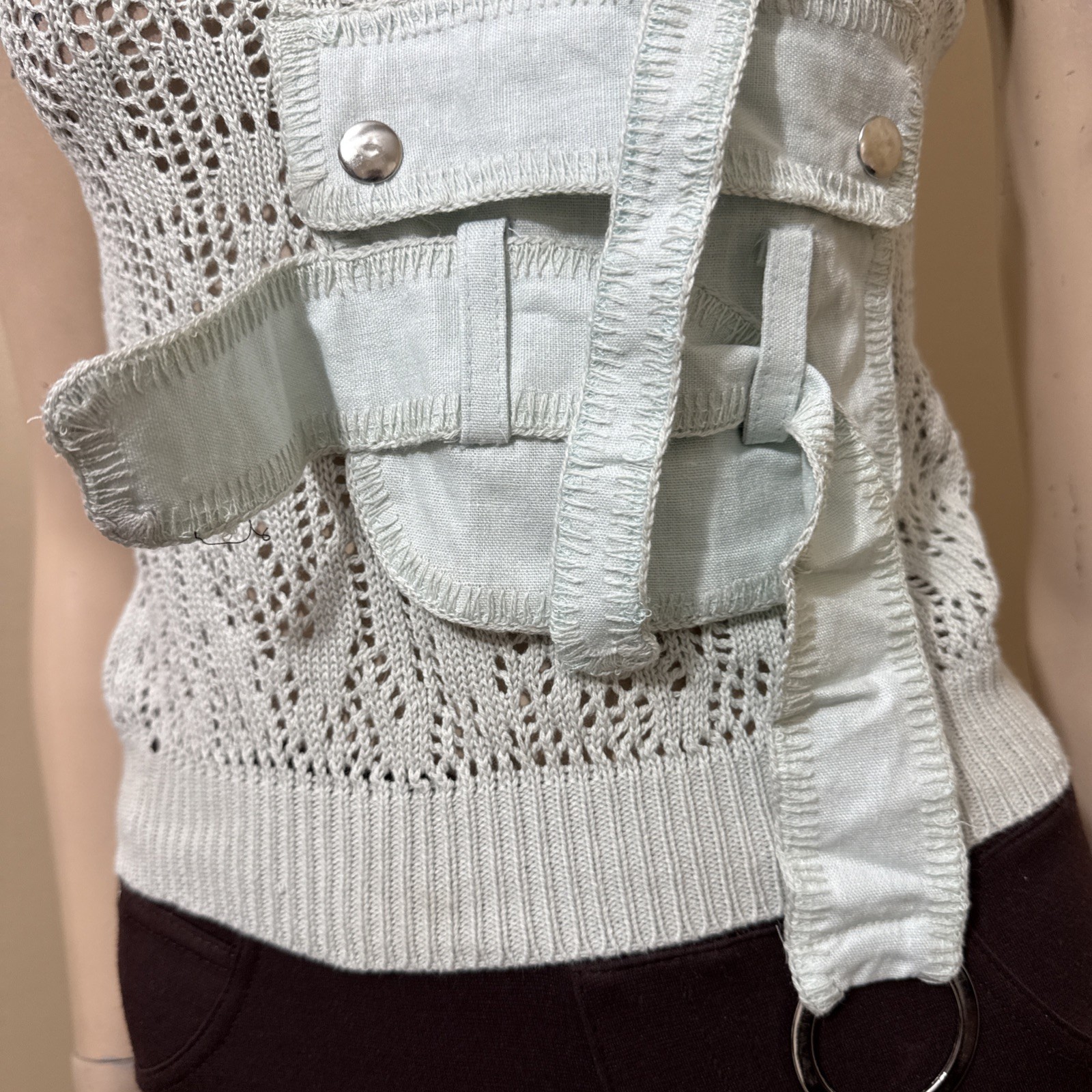 Women’s Light Blue Cotton Casual Stretch Buckle Knitted Pocket Size M/L Blouse