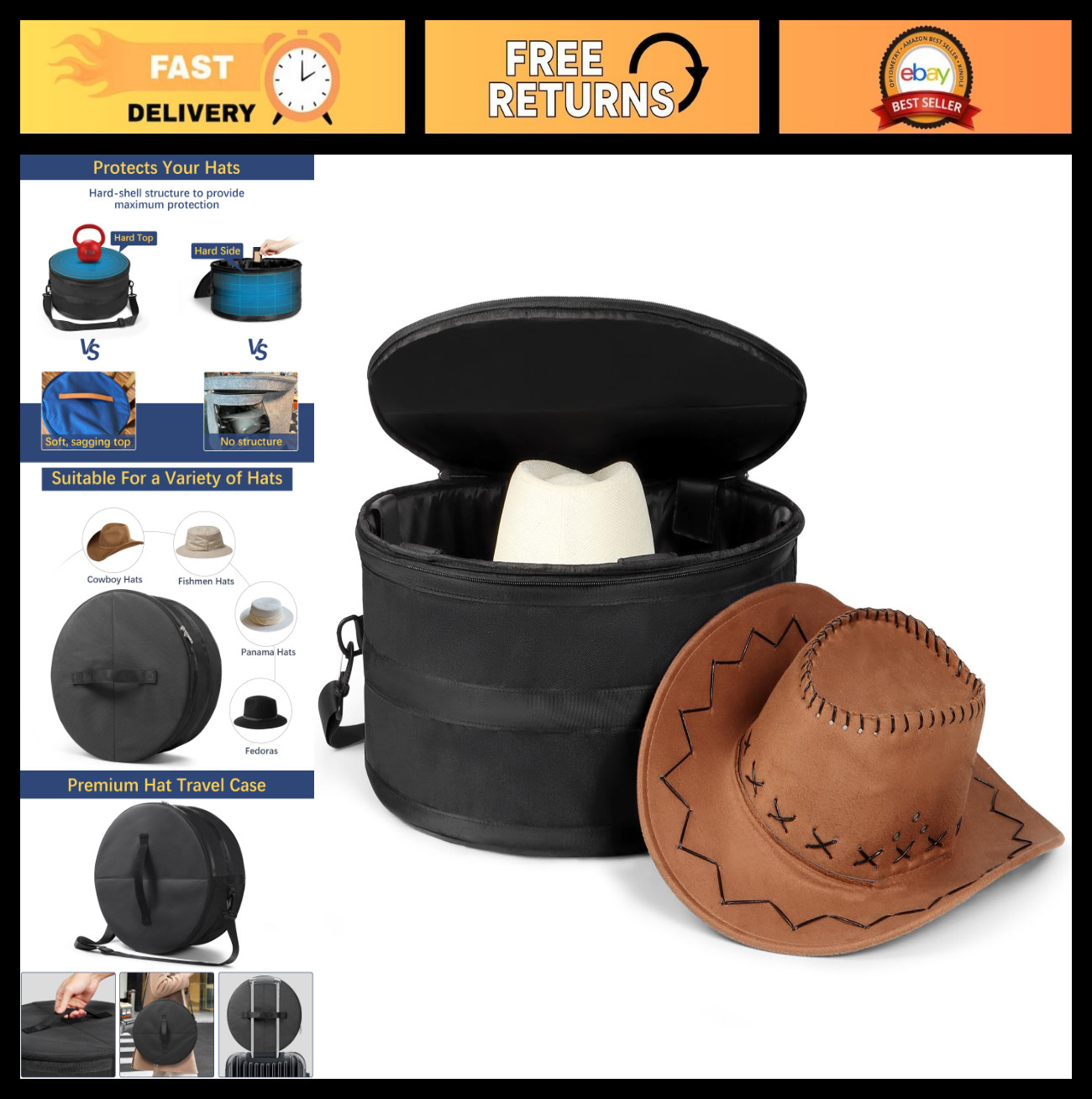 Travel Hard Shell Hat Box for Cowboy Hats – Collapsible Organizer with Handle &