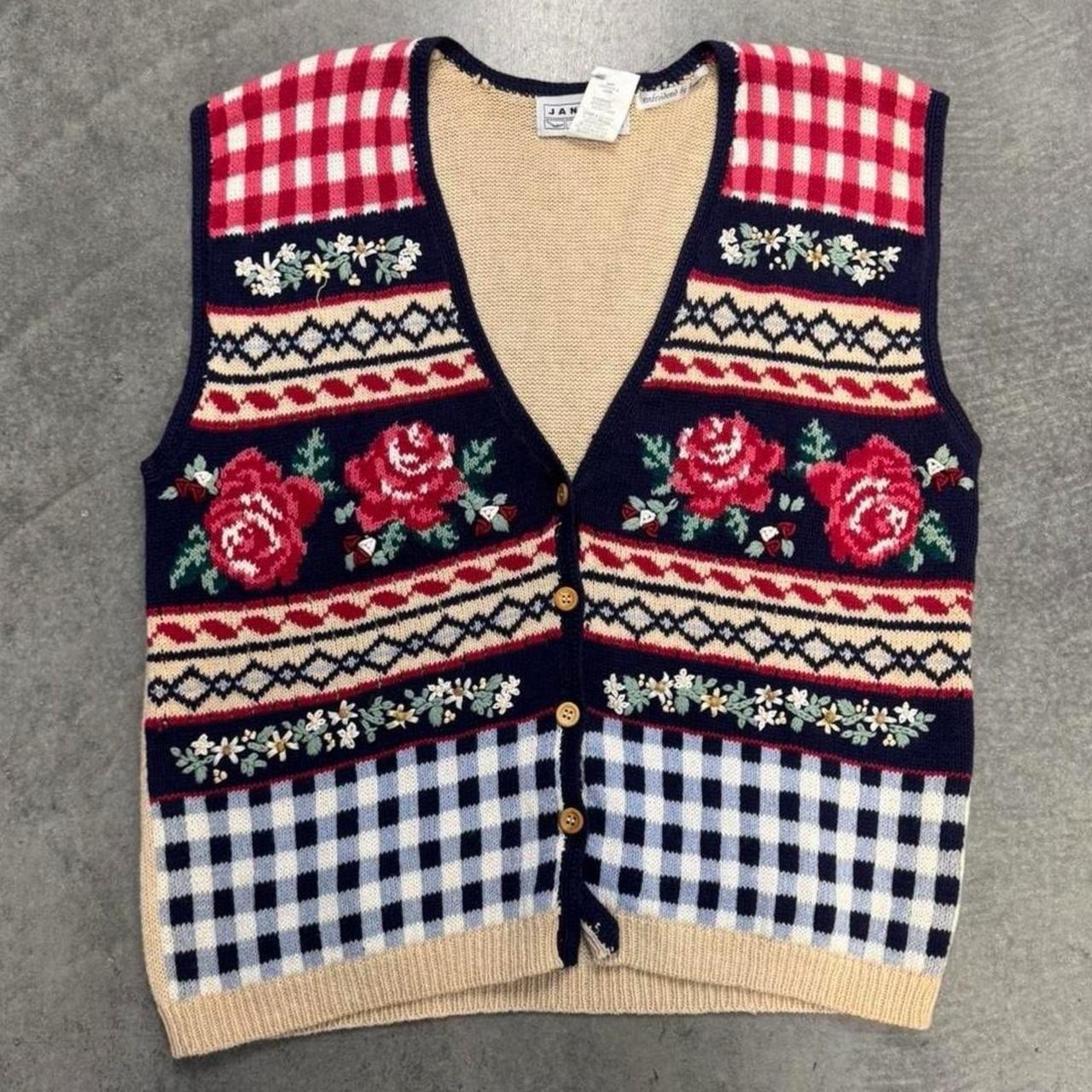 Jantzen Women’s Knit Sweater Vest V-Neck Button Front Floral Embroidered M