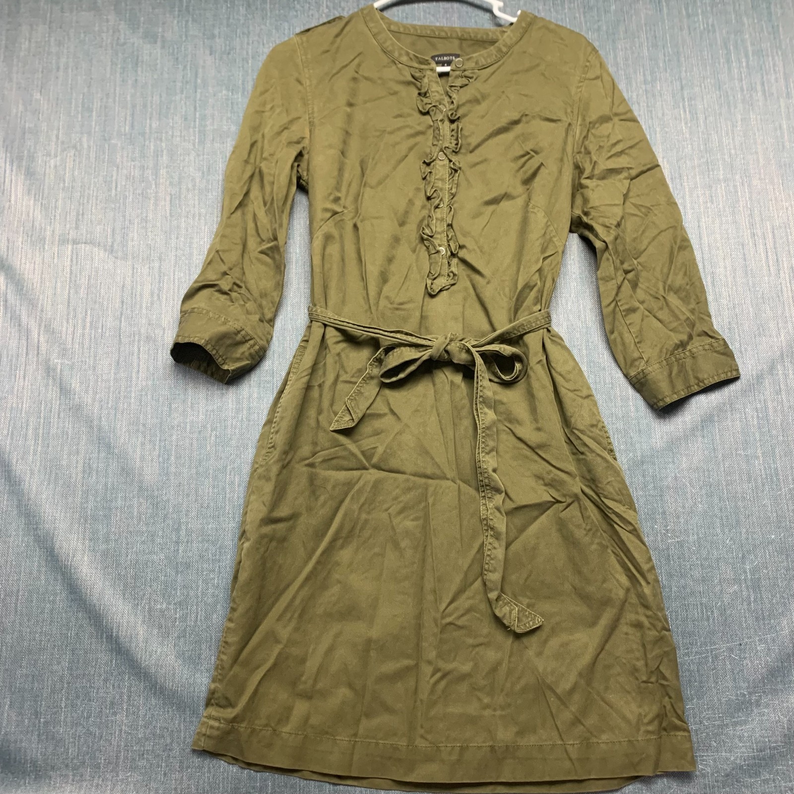 Talbots Women’s Shirt Dress Size 6 Green Belted Safari Ruffle Front Utility