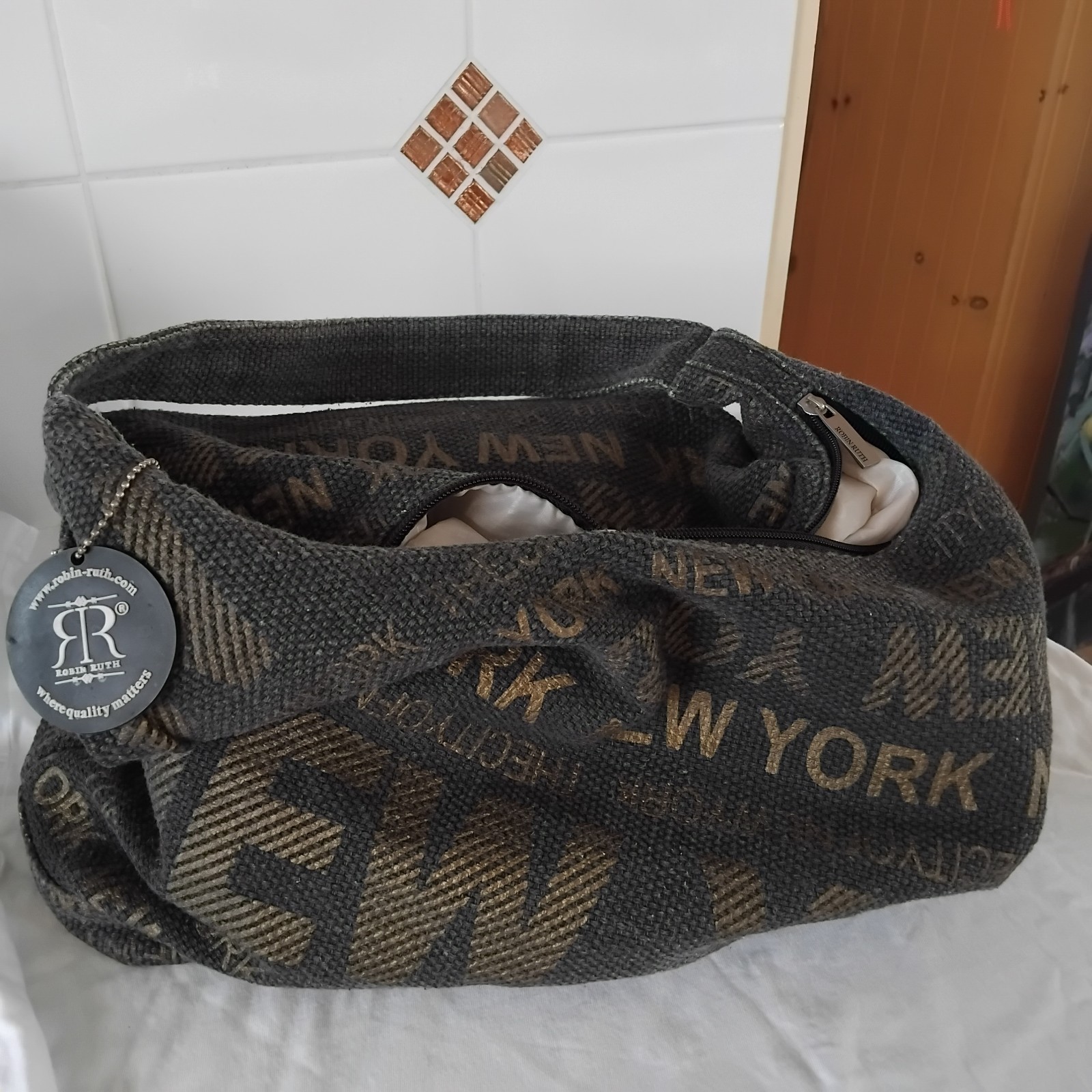 Robin Ruth Grey Woven Fabric Logo Zip Shoulder Bag w/ Charm Silver Hardware