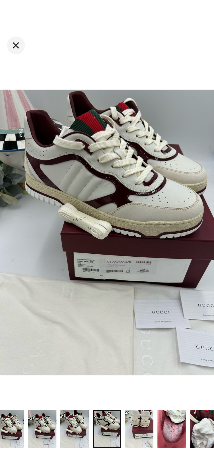Men’s Gucci re-web sneakers in white leather and patent trim size 11 fits 12 US