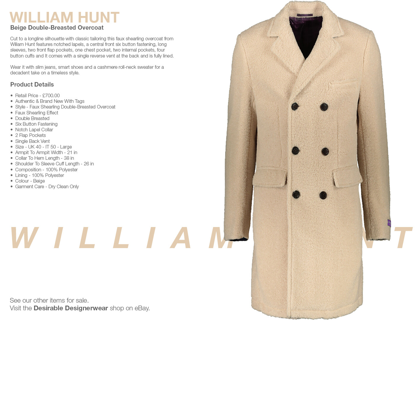 WILLIAM HUNT Faux Shearling Coat Double Breasted Overcoat Size 50 – RP £700.00