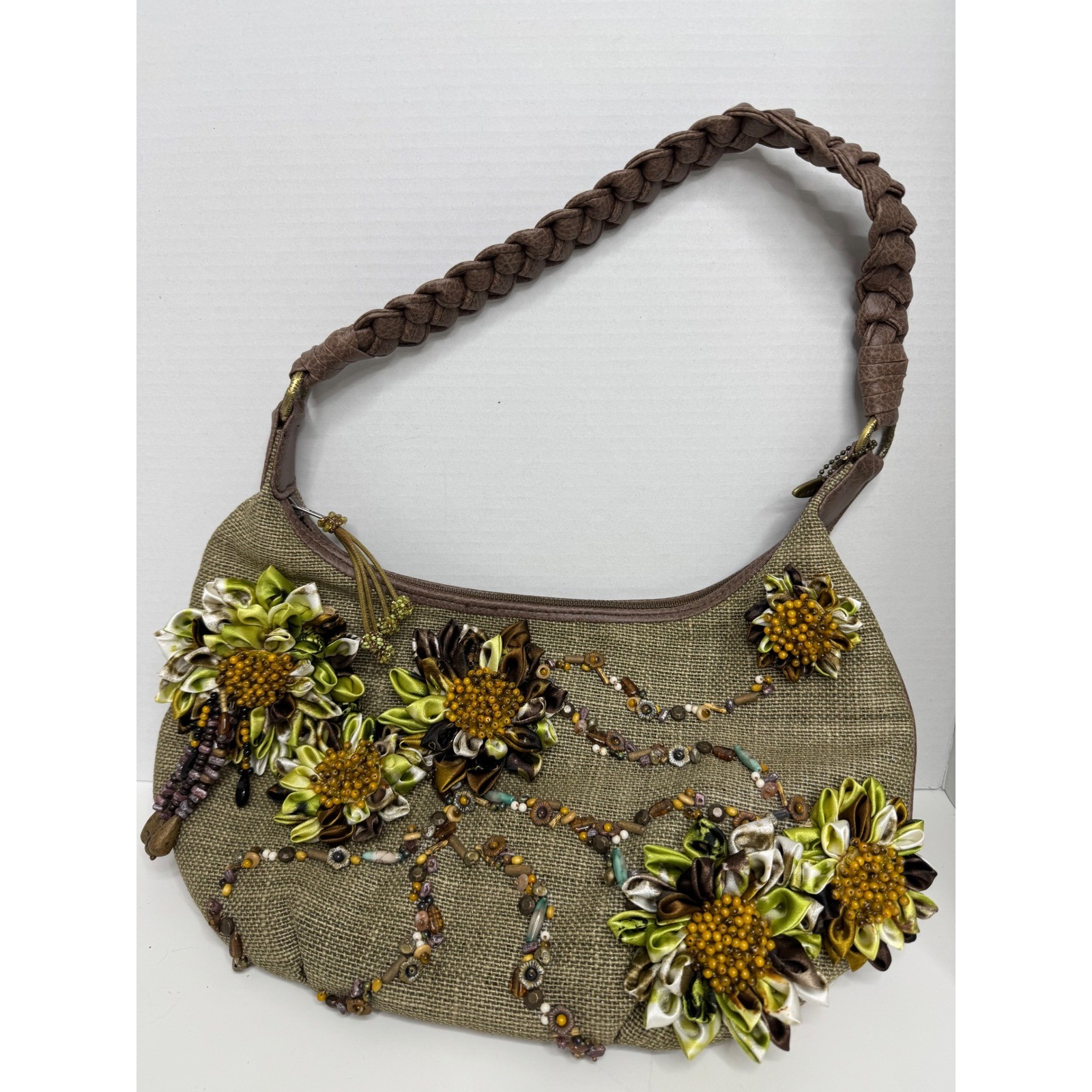 Mary Frances Olive Green Burlap Floral Embellished Beaded Hobo Bag Brown Braided
