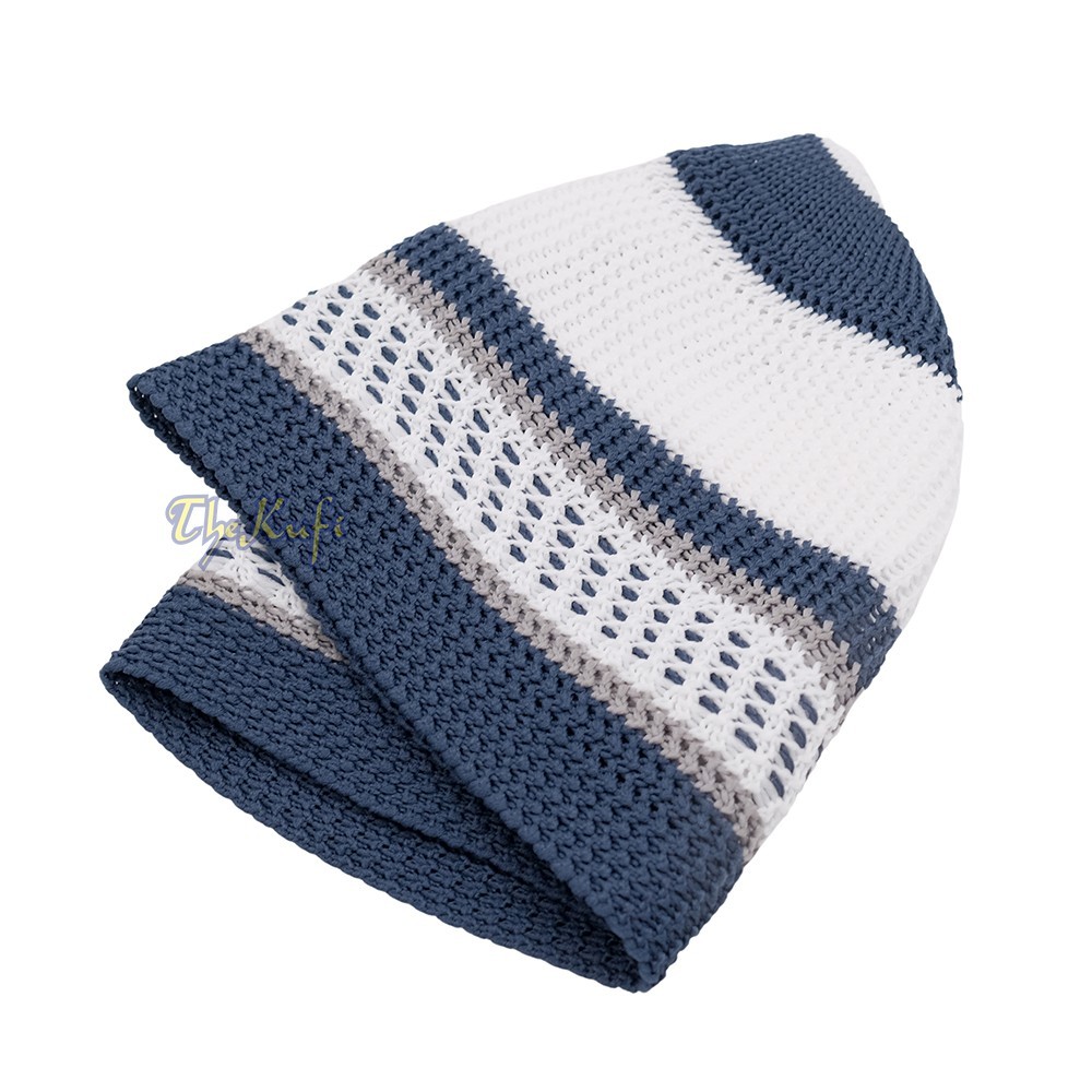 100% Nylon Muslim Kufi Skull Cap – White and Navy Blue with Gray Stripes Hat