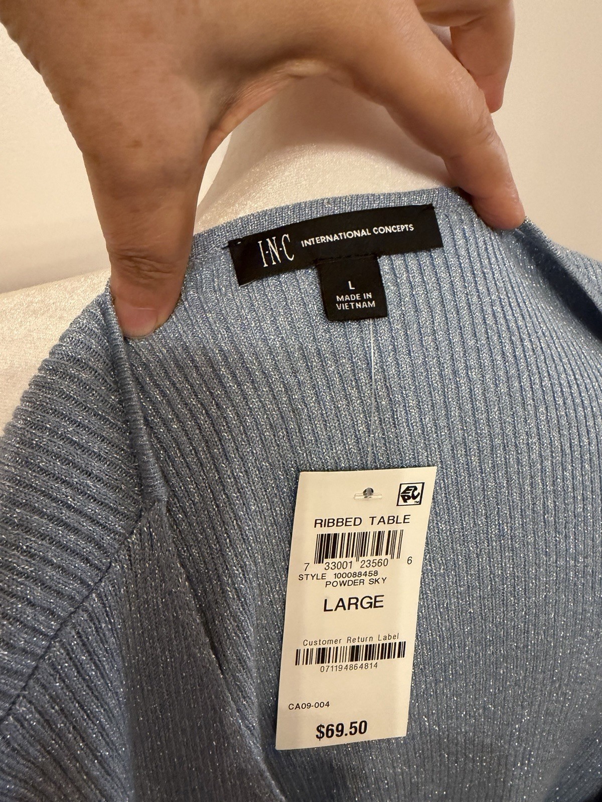 NWT Ribbed Wrap Sweater Powder Sky Blue Metallic Ring Detail Size L