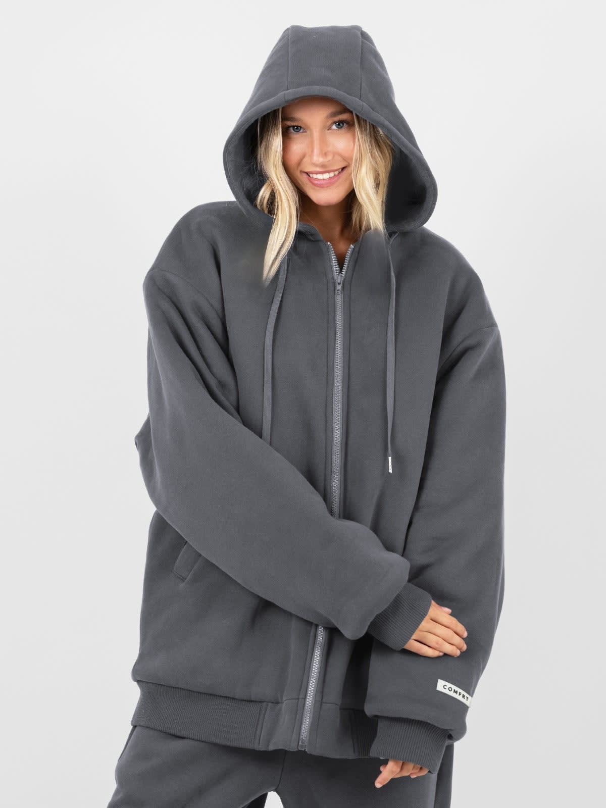 Women’s Gray Weighted Hooded Full Zip Hoodie w/ Pockets Long Sleeve One Size