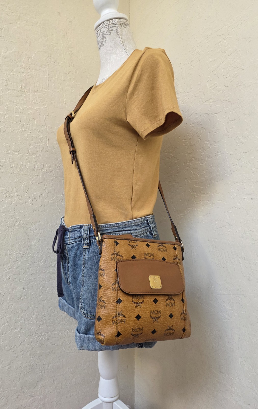 MCM Cognac Monogram Small Flat Shoulder Crossbody Bag AUTHENTIC