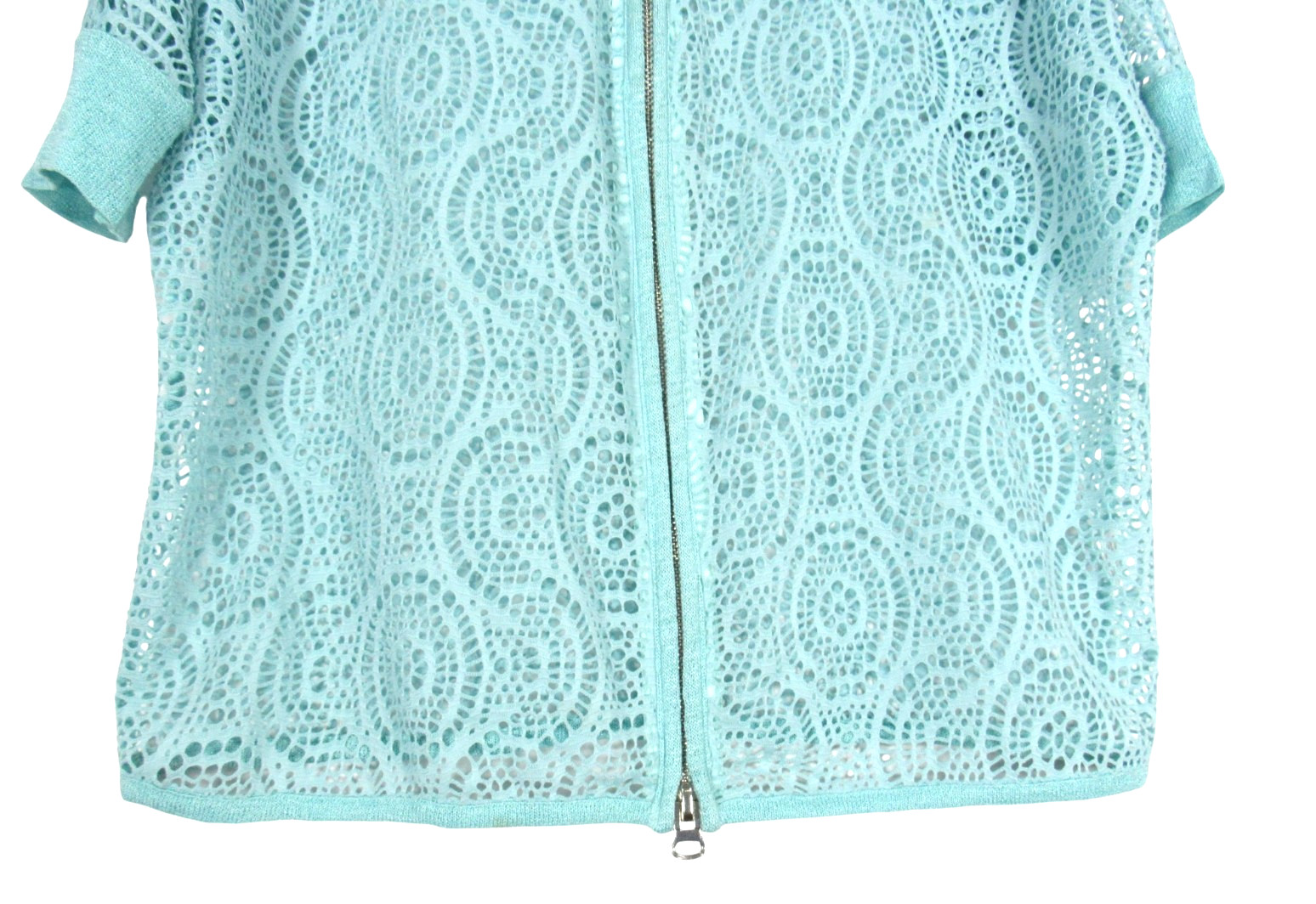 ALBERTO MAKALI Airy EYELET LACE Full Zip 3/4 SLEEVE Aqua Blue JACKET TOP Sz S