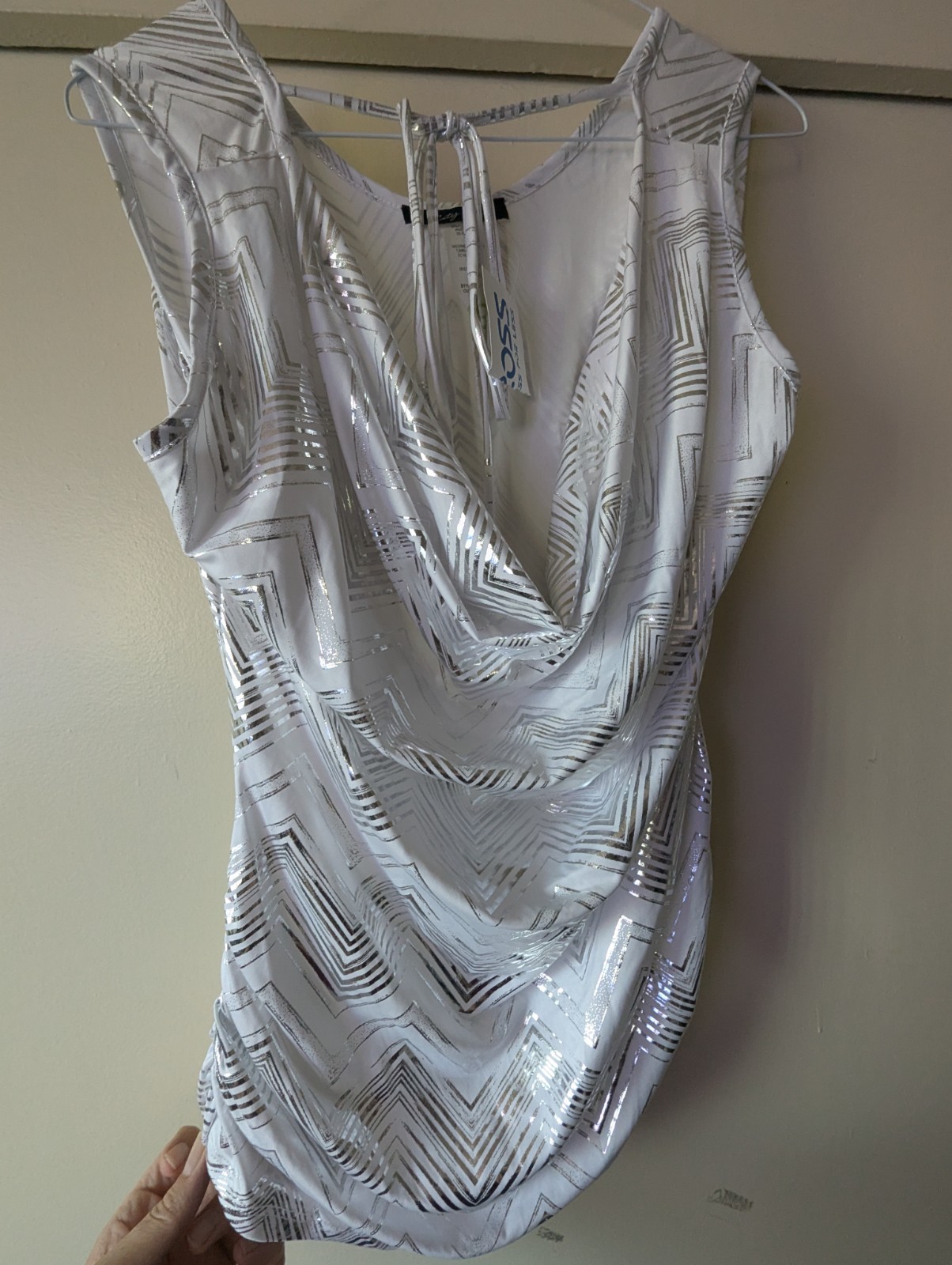 City Halo Geometric Cowl Neck Sleeveless Sheath Dress White/Silver Foil XL
